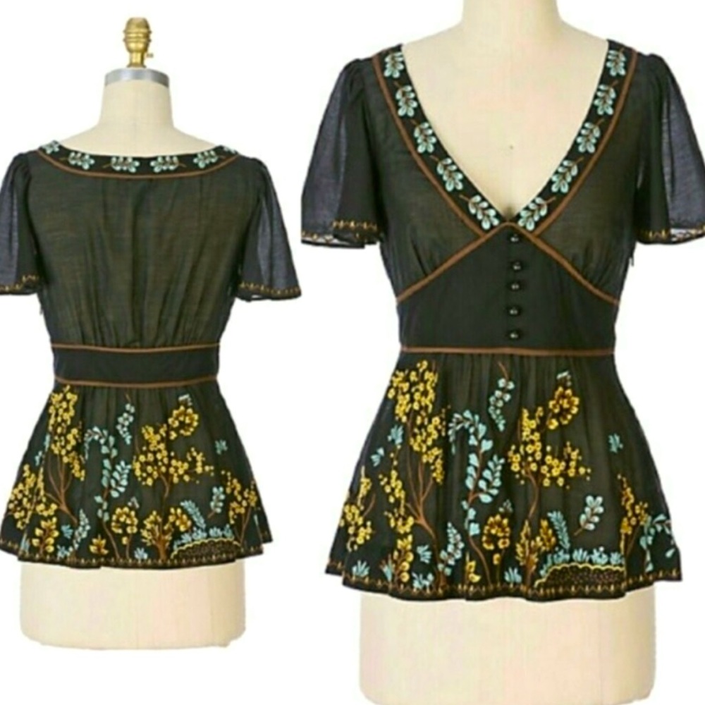 Anthropologie lithe forest embroidered peplum